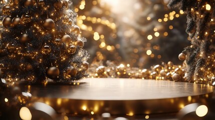 Fototapeta premium Circular podium with a Christmas tree wrapped in golden lights and shiny ornaments.