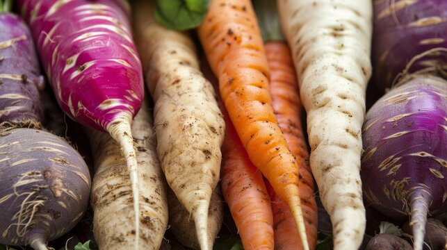 A handful of assorted root vegetables including earthy brown tur creamy pars and vibrant orange carrots each one showcasing their unique shape and texture.