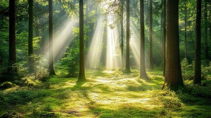 Fototapeta premium Sunlight streaming through tall trees in a lush forest during a serene morning in spring