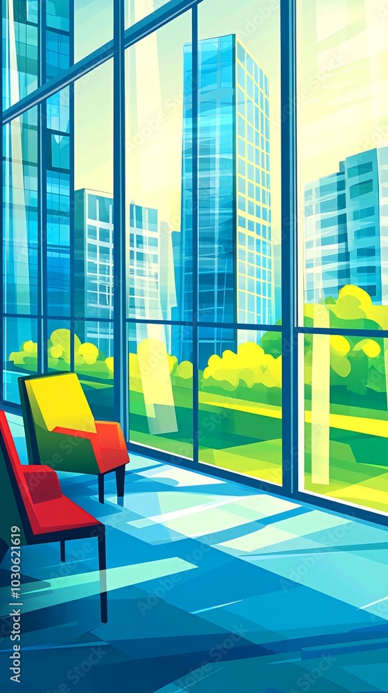 Poster a view of a city skyline from inside a building with two chairs.