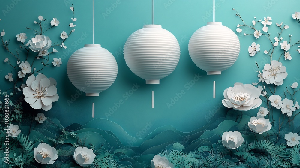 Poster minimalist paper cut design with large white lanterns hanging from delicate strings set against a tu