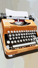 A vintage orange typewriter with a blank sheet of paper.