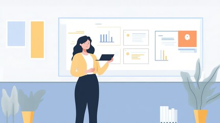 Young professional woman using a tablet while standing in a modern office filled with plants during the day