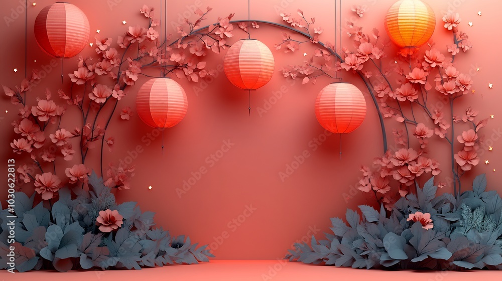 Poster minimalist paper cut style banner with delicate lanterns hanging from an archway of stars and floral
