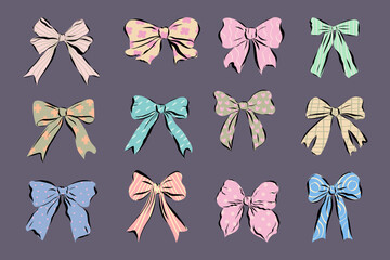 Vector bow ribbons of different colors and patterns isolated on background.