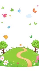 A winding path leads up a grassy hill with trees, flowers, and birds flying in the sky.