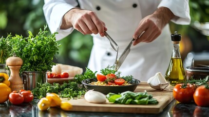 Cooking vegetables and fresh ingredients in a well-equipped kitchen during dinner preparation