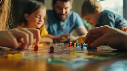 Fototapeta premium Family enjoying a board game together in a cozy living room during a sunny afternoon