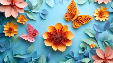Obraz premium Repeating paper cut origami flower and butterfly pattern, forming a springinspired design, paper cut flower and butterfly, origami floral pattern