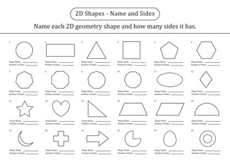 2D Geometric Shapes Name and Sides Work Sheet for Kids in Kindergarten, Preschool Primary School