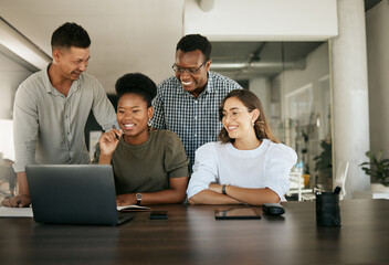 Manager, team and business people on laptop for training learning or coaching. Happy group, computer and discussion, planning and solution for product development in creative startup office together
