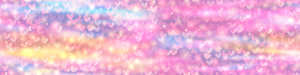 Iridescent candy unicorn bg with hearts and lights as a seamless pattern. Gradient mesh soft rainbow sky with overlay effects. Sweet abstract vector illustration