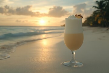 Escape to Paradise Sip a Refreshing Cold Pia Colada on a Pristine Beach with Turquoise Waters and White Sand, Summer Vacation Dream Come True