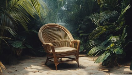 Escape to Tranquility A Cozy Wicker Chair on a Sandy Shore, Nestled Amidst Lush Tropical Plants, Perfect for Summer Relaxation