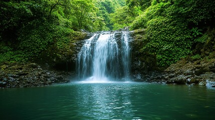 Obraz premium A tranquil waterfall cascading into a serene pool surrounded by lush greenery in a tropical forest under soft sunlight