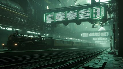 Naklejka premium A futuristic train station on an alien planet, with vintage train cars and holographic schedules displayed above the tracks
