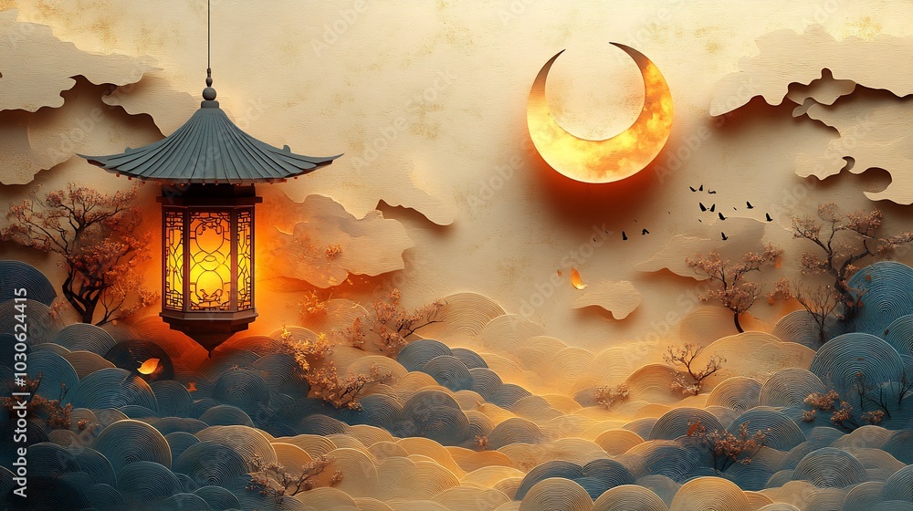Poster minimalist paper cut style featuring a single ornate lantern with a glowing crescent moon above it s