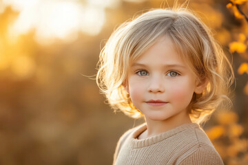 Fototapeta premium Blonde child in autumn landscape with soft sunlight and golden foliage