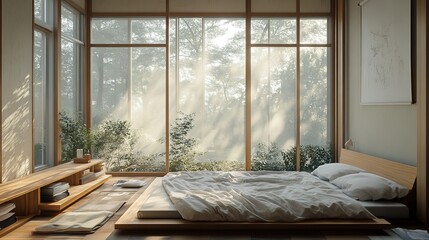 Fototapeta premium Serene bedroom with large windows overlooking a peaceful forest during early morning light in a minimalist style