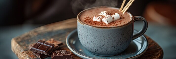 Warm cup of hot chocolate with marshmallows and chocolate pieces on a rustic wooden table