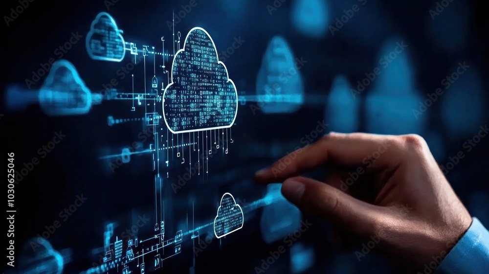 Poster illustrate a person engaging in a video conference with futuristic cloud backup visuals, incorporati