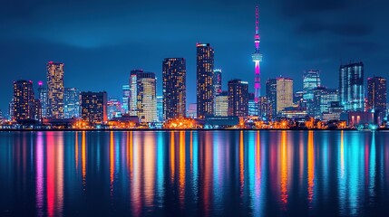 Fototapeta premium Colorful city skyline at night reflecting on water with illuminated buildings and a tower in the background