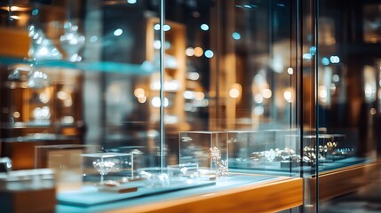 5. A glass display case with a blurred background of a stylish store