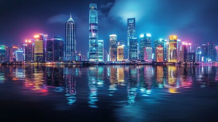 Fototapeta premium Colorful city skyline at night reflecting on water with illuminated buildings and a tower in the background