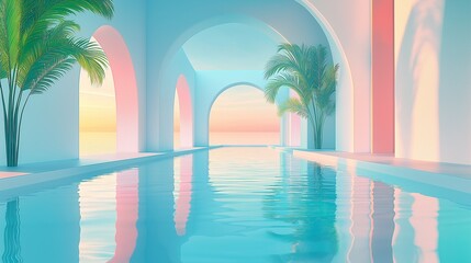 Illustration of a dreamy Pastel Pool Oasis with Arches and Palm Trees