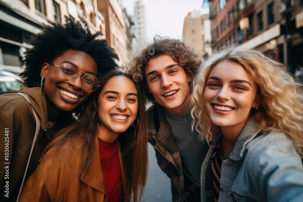 Sticker Diverse friends having fun laughing selfie street.