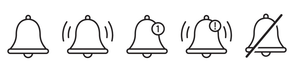 Notification bell icon for incoming inbox message. Notification bell icon set. Alarm symbol. Vector ringing bell and notification number sign for alarm clock and smartphone application alert.