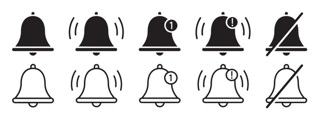 Notification bell icon for incoming inbox message. Notification bell icon set. Alarm symbol. Vector ringing bell and notification number sign for alarm clock and smartphone application alert.