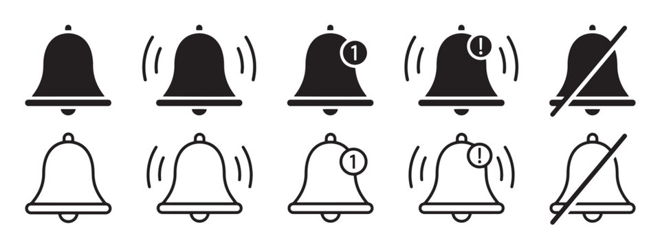 Notification bell icon for incoming inbox message. Notification bell icon set. Alarm symbol. Vector ringing bell and notification number sign for alarm clock and smartphone application alert.