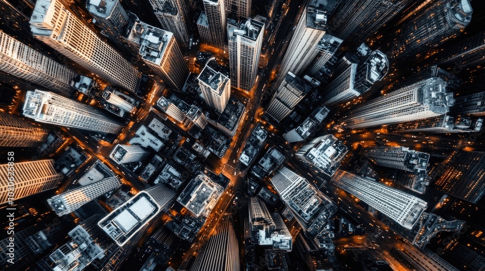 Poster tall buildings stretch into the night sky, their windows glowing with life and creating intricate pa