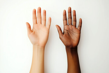 Diverse hands raised side by side on white background