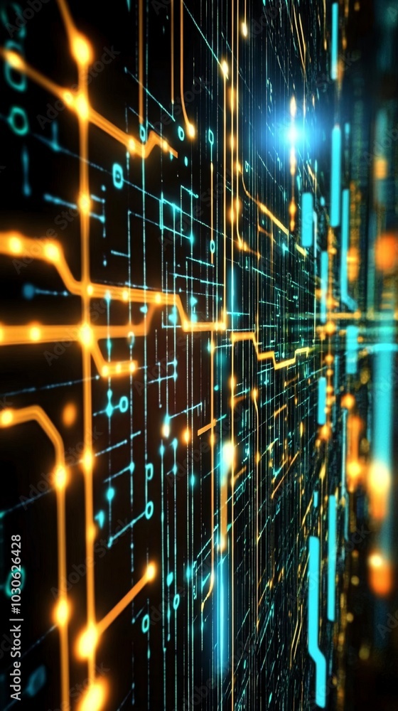 Poster abstract digital background with glowing lines and circuits.