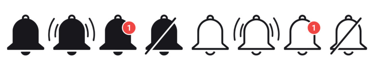 Notification bell icon for incoming inbox message. Notification bell icon set. Alarm symbol. Vector ringing bell and notification number sign for alarm clock and smartphone application alert.