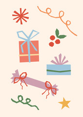 Modern Merry Christmas card vector illustration. Hand drawn cute festive xmas design with gift boxes, ribbons and holly berries on pastel pink background, minimal geometric style, retro color palette