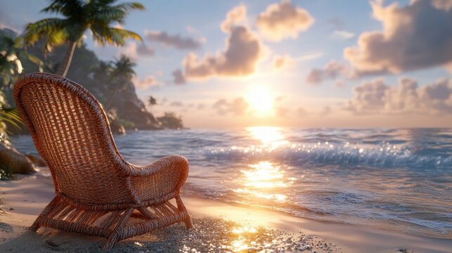 Relaxing on a Beach Chair Facing the Calm Ocean with Gentle Waves and Warm Sunlight, Perfect Serene Oceanfront Vacation