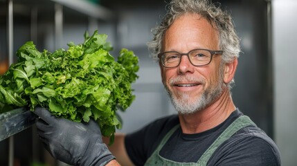 Fresh greens are being showcased by smiling man in apron, highlighting joy of farm to table practices. His enthusiasm for healthy produce is evident