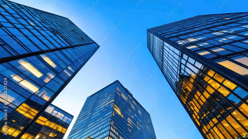 Poster tall buildings stretch into the night sky, their windows glowing with life and creating intricate pa