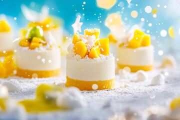Mouthwatering miniature mango desserts are artfully arranged on a colorful surface, adorned with fresh fruit and delicate decorations, creating a tempting visual delight