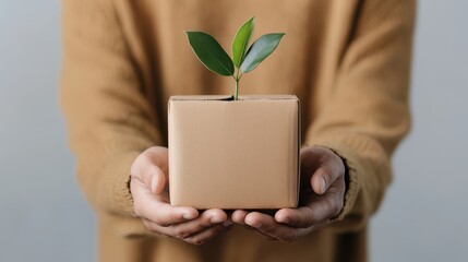 Eco friendly packaging with plant sprouting from box symbolizes sustainability and innovation. This captures essence of rural entrepreneur promoting green solutions
