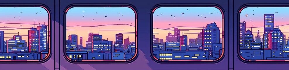 Fototapeta premium Cityscape at Dusk Seen Through Train Windows Generative AI
