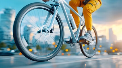 Obraz premium Eco Friendly Bicyclists Riding in a Clean Modern Urban Setting Promoting Sustainable Transportation Solutions and Reducing Carbon Footprints through Active Alternative Mobility