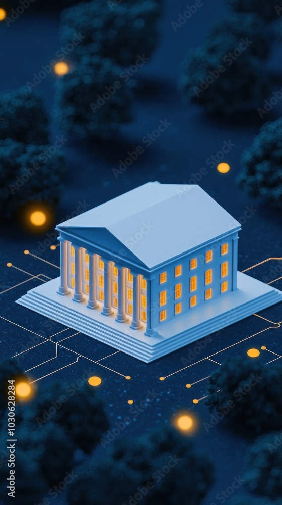 Poster design a digital artwork showcasing a corporate office building surrounded by a network of intricate