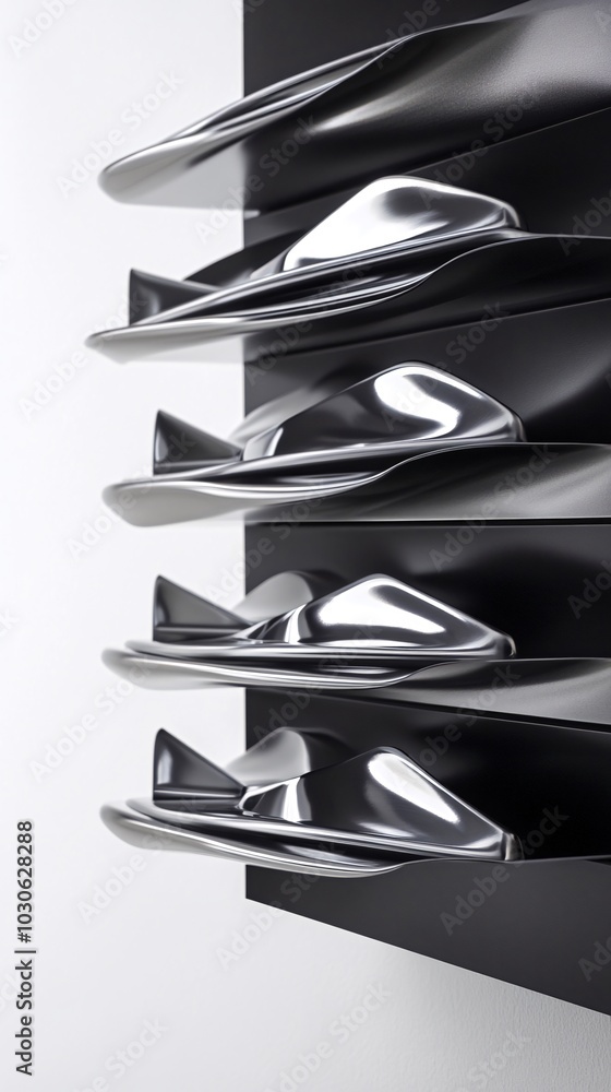 Poster abstract metallic sculpture with a futuristic, sleek design, featuring multiple curved shapes on a b