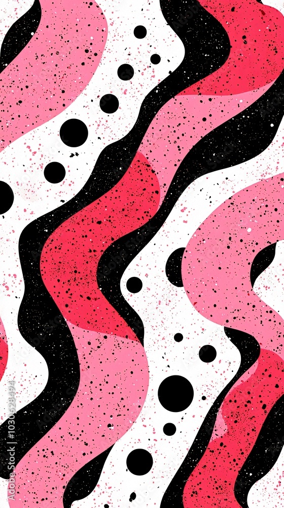 Poster abstract pattern with wavy pink and red lines, black circles and white background with grunge effect