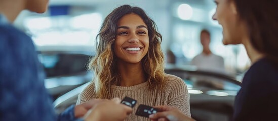 Woman receives car keys from a salesperson. She is smiling happily as she accepts the keys.