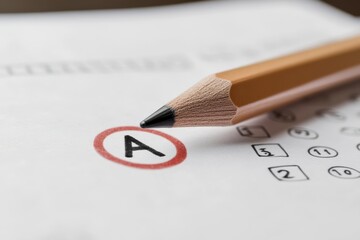 Close up photo of pencil resting on paper with marked answer in red. This captures essence of academic achievement and assessment